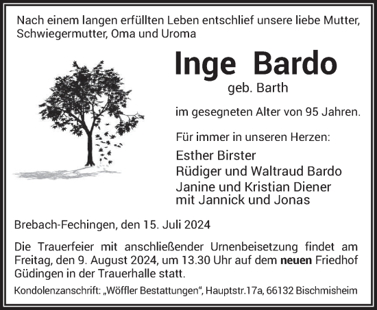 Traueranzeige von Inge Bardo von saarbruecker_zeitung