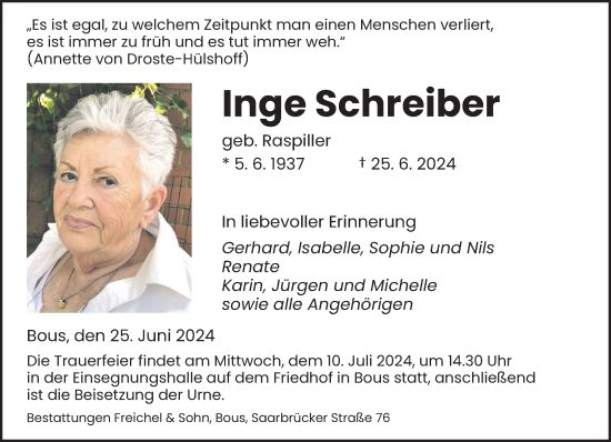 Traueranzeige von Inge Schreiber von saarbruecker_zeitung