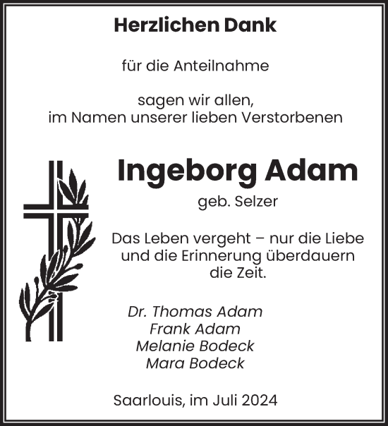 Traueranzeige von Ingeborg Adam von saarbruecker_zeitung