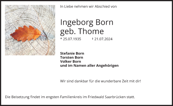 Traueranzeige von Ingeborg Born von saarbruecker_zeitung