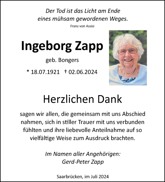 Traueranzeige von Ingeborg Zapp von saarbruecker_zeitung