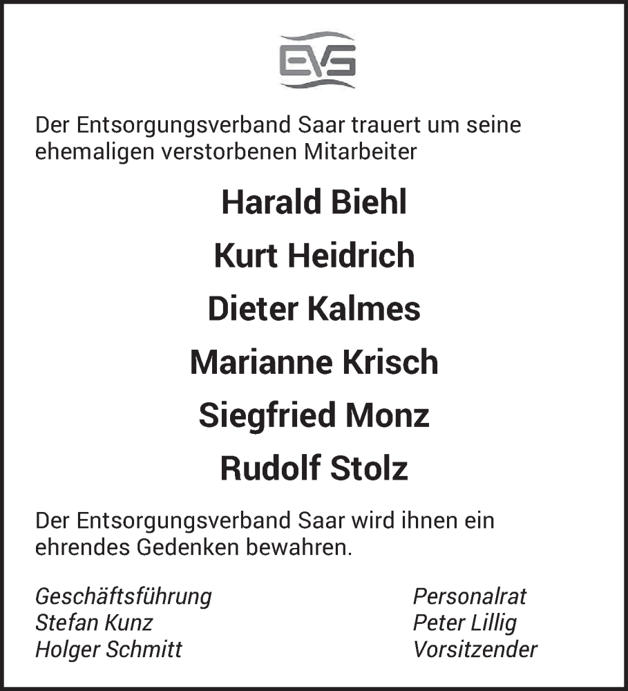  Traueranzeige für In Gedenken Entsorgungsverband Saar vom 27.07.2024 aus saarbruecker_zeitung