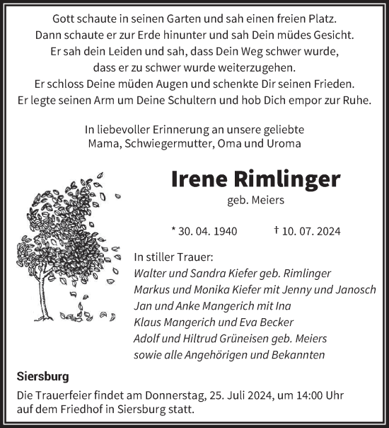 Traueranzeige von Irene Rimlinger von saarbruecker_zeitung