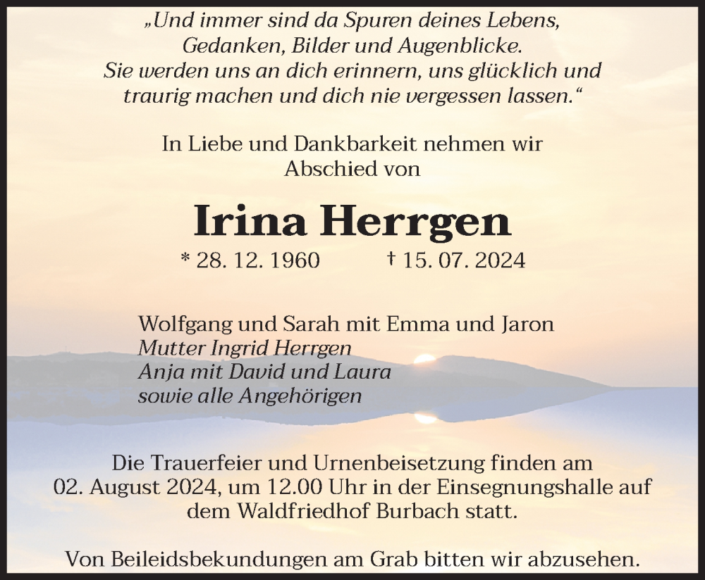  Traueranzeige für Irina Herrgen vom 27.07.2024 aus saarbruecker_zeitung