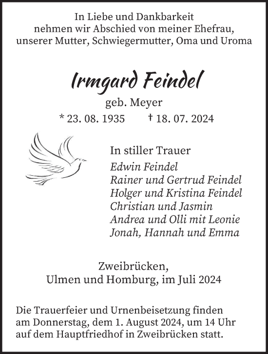 Traueranzeige von Irmgard Feindel von saarbruecker_zeitung