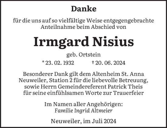 Traueranzeige von Irmgard Nisius von saarbruecker_zeitung