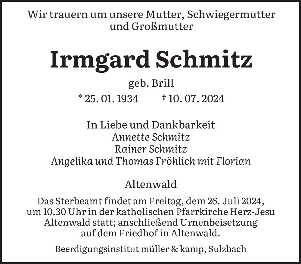  Traueranzeige für Irmgard Schmitz vom 20.07.2024 aus saarbruecker_zeitung