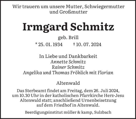 Traueranzeige von Irmgard Schmitz von saarbruecker_zeitung