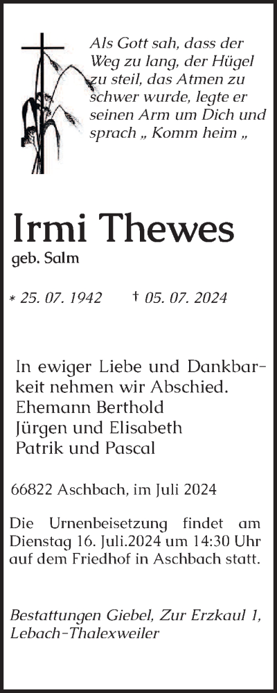 Traueranzeige von Irmi Thewes von saarbruecker_zeitung