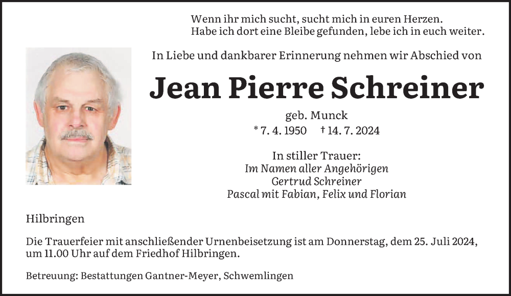  Traueranzeige für Jean Pierre Schreiner vom 17.07.2024 aus saarbruecker_zeitung