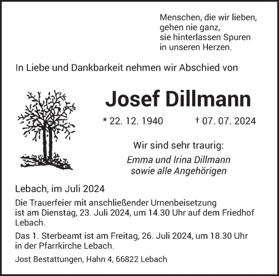 Traueranzeige von Josef Dillmann von saarbruecker_zeitung