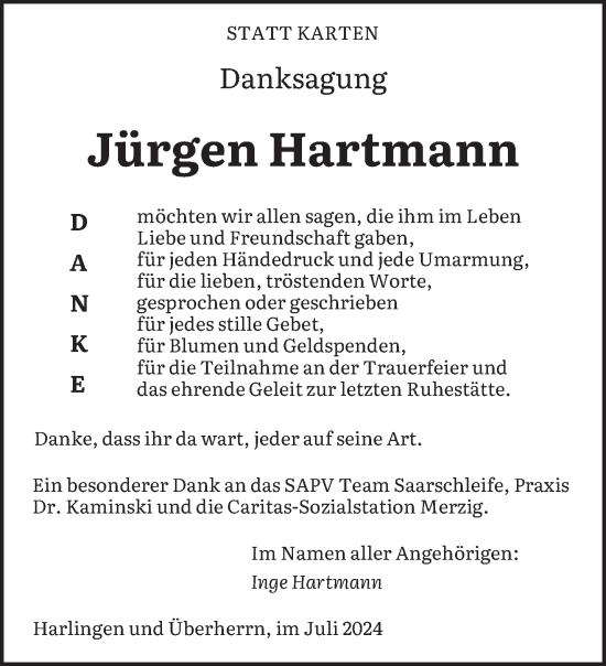 Traueranzeige von Jürgen Hartmann von saarbruecker_zeitung