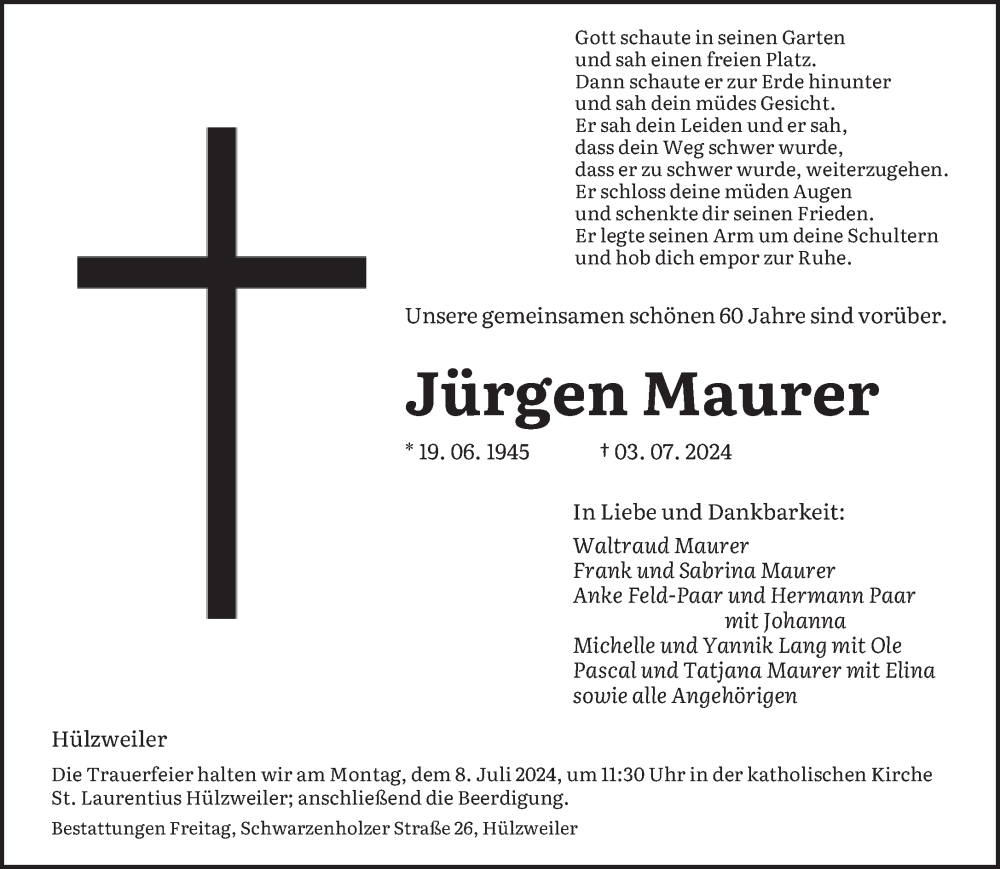  Traueranzeige für Jürgen Maurer vom 06.07.2024 aus saarbruecker_zeitung