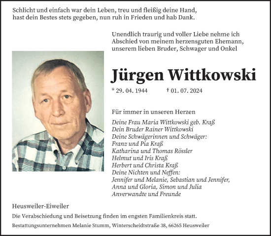 Traueranzeige von Jürgen Wittkowski von saarbruecker_zeitung
