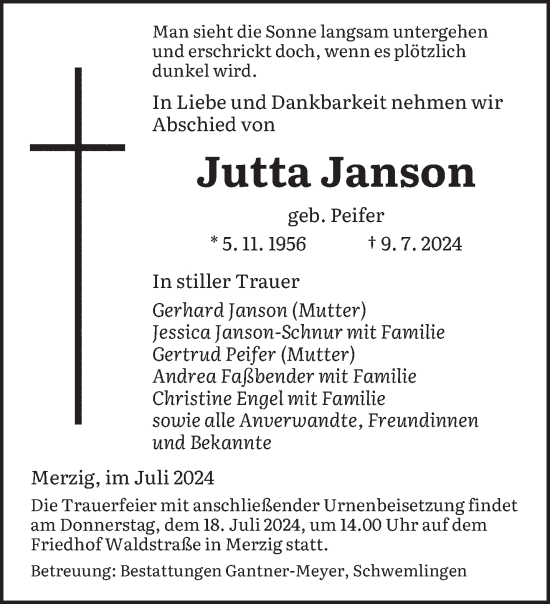 Traueranzeige von Jutta Janson von saarbruecker_zeitung