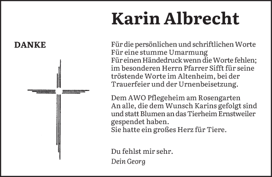 Traueranzeige von Karin Albrecht von saarbruecker_zeitung