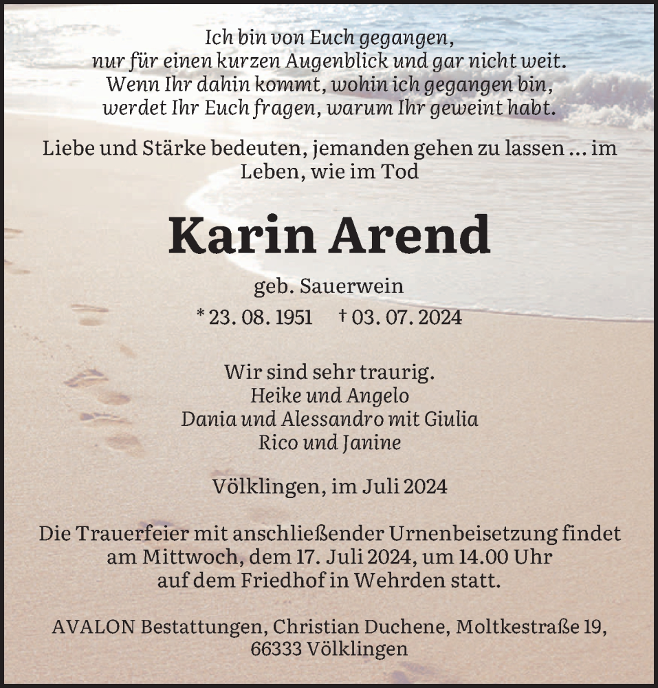  Traueranzeige für Karin Arend vom 13.07.2024 aus saarbruecker_zeitung