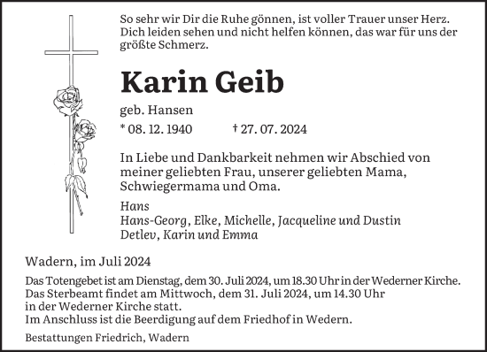 Traueranzeige von Karin Geib von saarbruecker_zeitung