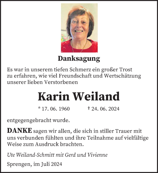 Traueranzeige von Karin Weiland von saarbruecker_zeitung