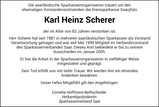 Traueranzeige von Karl-Heinz Scherer von saarbruecker_zeitung