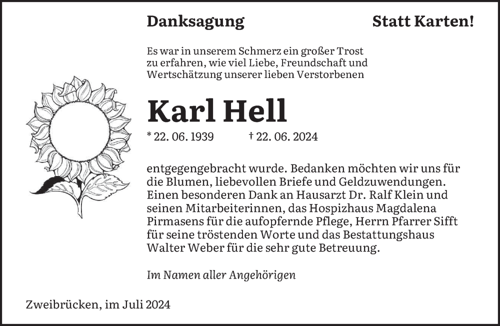 Traueranzeige für Karl Hell vom 20.07.2024 aus saarbruecker_zeitung