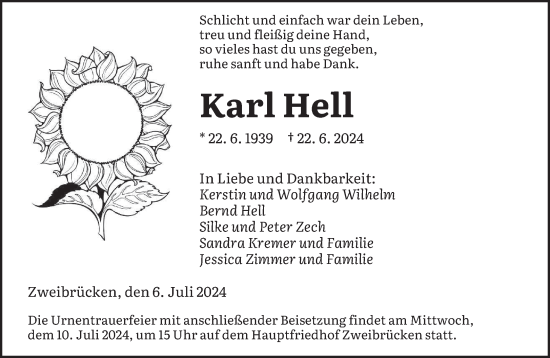 Traueranzeige von Karl Hell von saarbruecker_zeitung