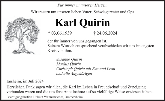 Traueranzeige von Karl Quirin von saarbruecker_zeitung