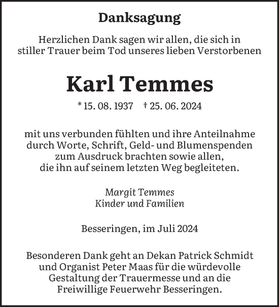 Traueranzeige von Karl Temmes von saarbruecker_zeitung