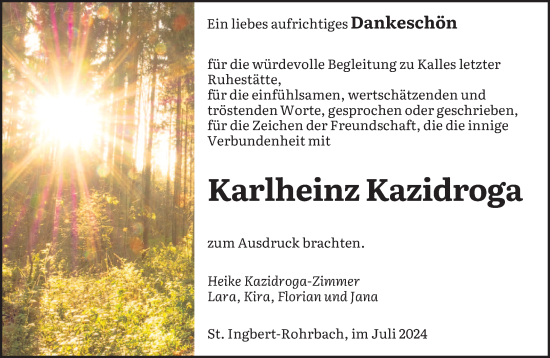 Traueranzeige von Karlheinz Kazidroga von saarbruecker_zeitung