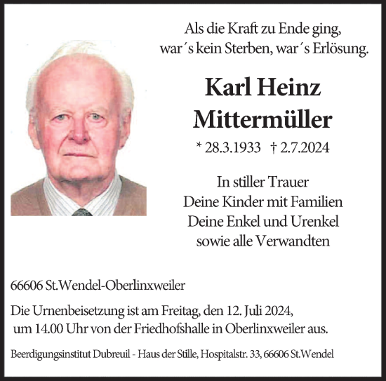 Traueranzeige von Karl Heinz Mittermüller von saarbruecker_zeitung