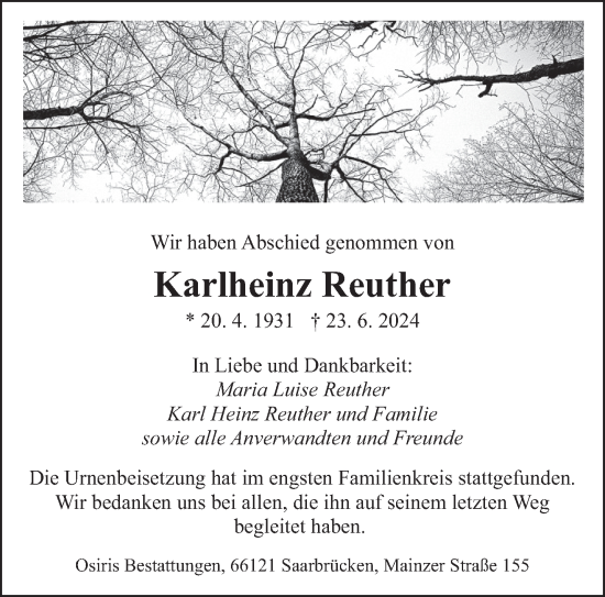 Traueranzeige von Karlheinz Reuther von saarbruecker_zeitung
