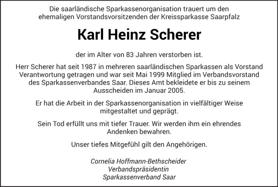 Traueranzeige von Karl Heinz Scherer von saarbruecker_zeitung