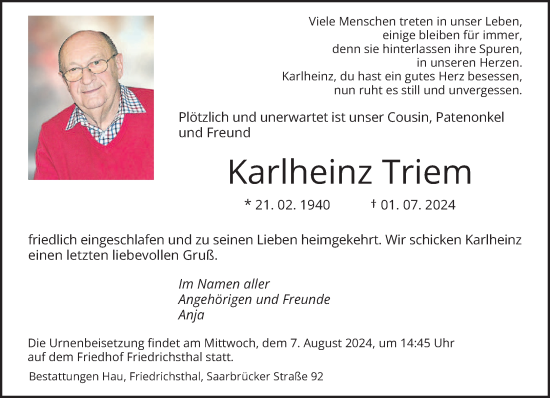 Traueranzeige von Karlheinz Triem von saarbruecker_zeitung