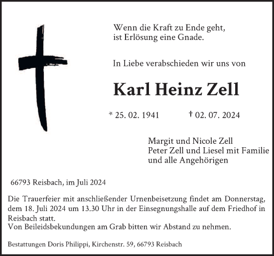 Traueranzeige von Karl Heinz Zell von saarbruecker_zeitung