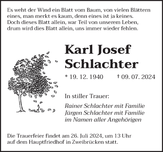 Traueranzeige von Karl Josef Schlachter von saarbruecker_zeitung