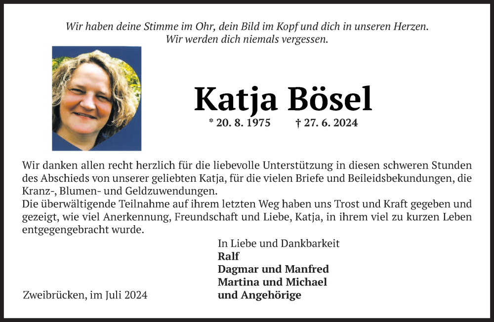  Traueranzeige für Katja Bösel vom 20.07.2024 aus saarbruecker_zeitung