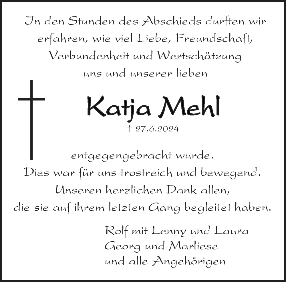  Traueranzeige für Katja Mehl vom 27.07.2024 aus saarbruecker_zeitung