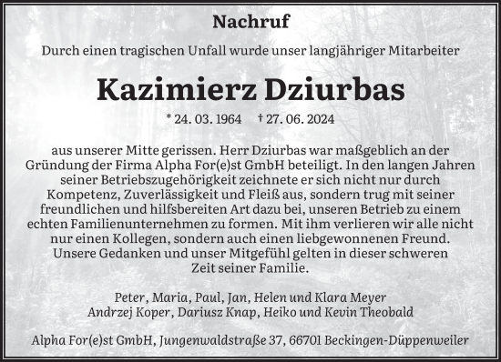 Traueranzeige von Kazimierz Dziurbas von saarbruecker_zeitung