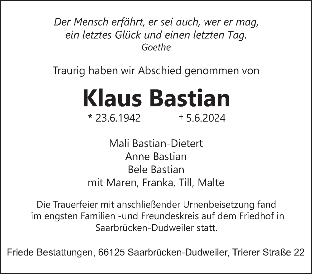  Traueranzeige für Klaus Bastian vom 06.07.2024 aus saarbruecker_zeitung