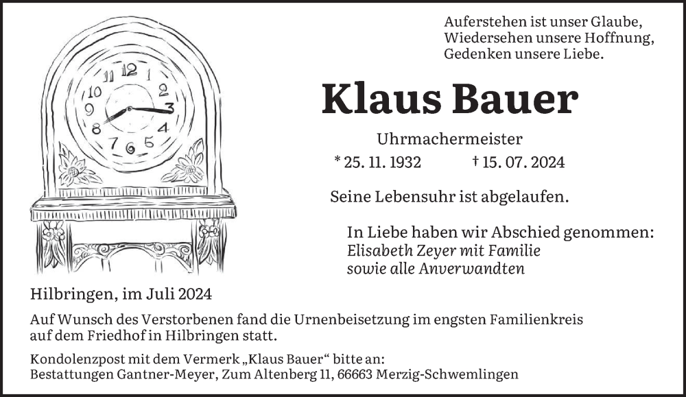  Traueranzeige für Klaus Bauer vom 27.07.2024 aus saarbruecker_zeitung