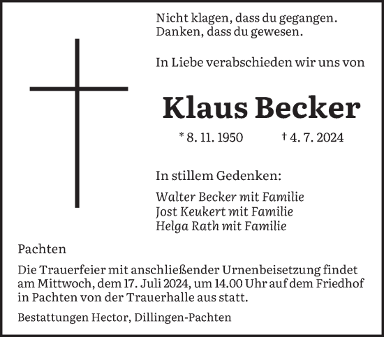 Traueranzeige von Klaus Becker von saarbruecker_zeitung