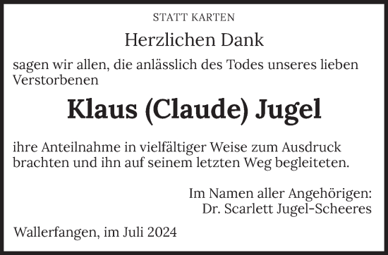 Traueranzeige von Klaus Jugel von saarbruecker_zeitung