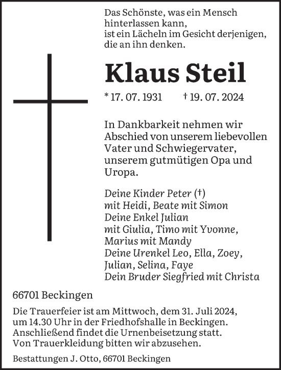 Traueranzeige von Klaus Steil von saarbruecker_zeitung