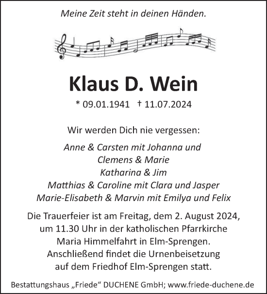 Traueranzeige von Klaus Wein von saarbruecker_zeitung