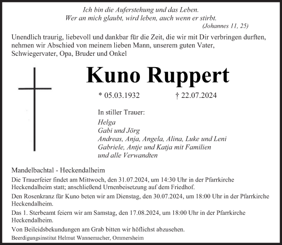 Traueranzeige von Kuno Ruppert von saarbruecker_zeitung