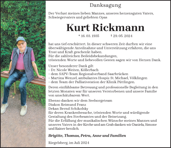 Traueranzeige von Kurt Rickmann von saarbruecker_zeitung