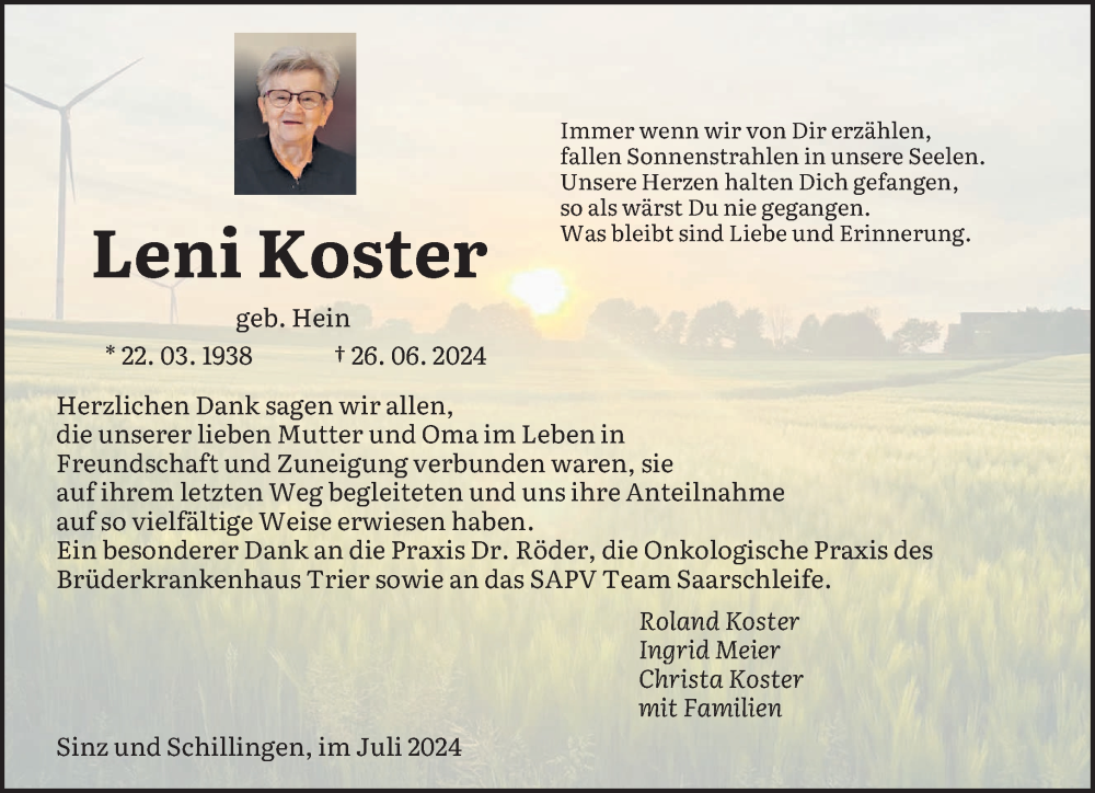  Traueranzeige für Leni Koster vom 27.07.2024 aus saarbruecker_zeitung