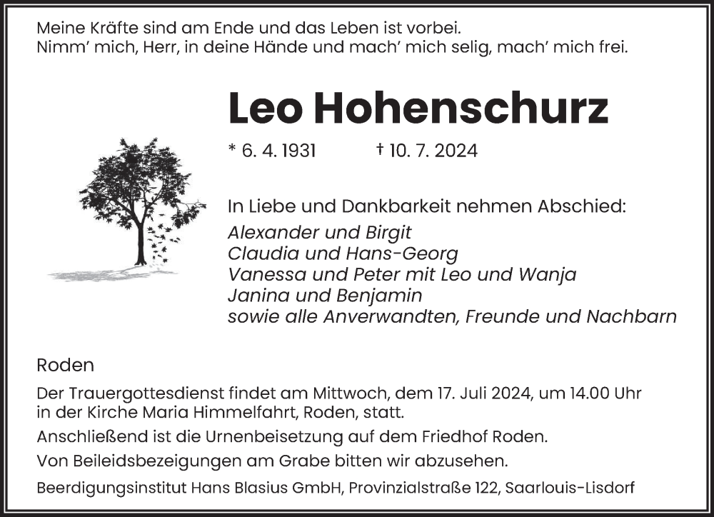  Traueranzeige für Leo Hohenschurz vom 13.07.2024 aus saarbruecker_zeitung