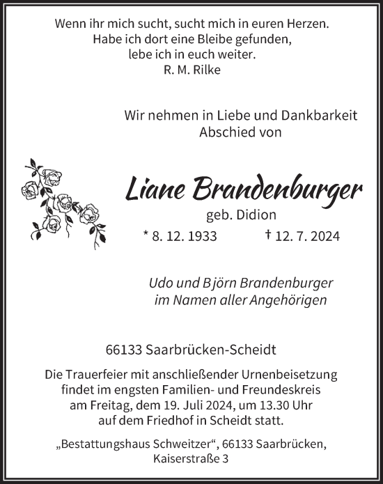 Traueranzeige von Liane Brandenburger von saarbruecker_zeitung