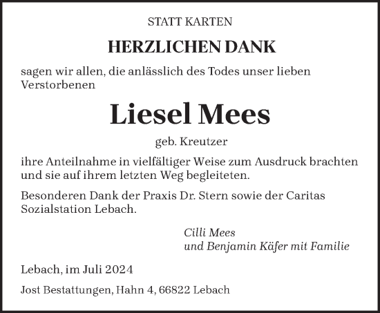 Traueranzeige von Liesel Mees von saarbruecker_zeitung